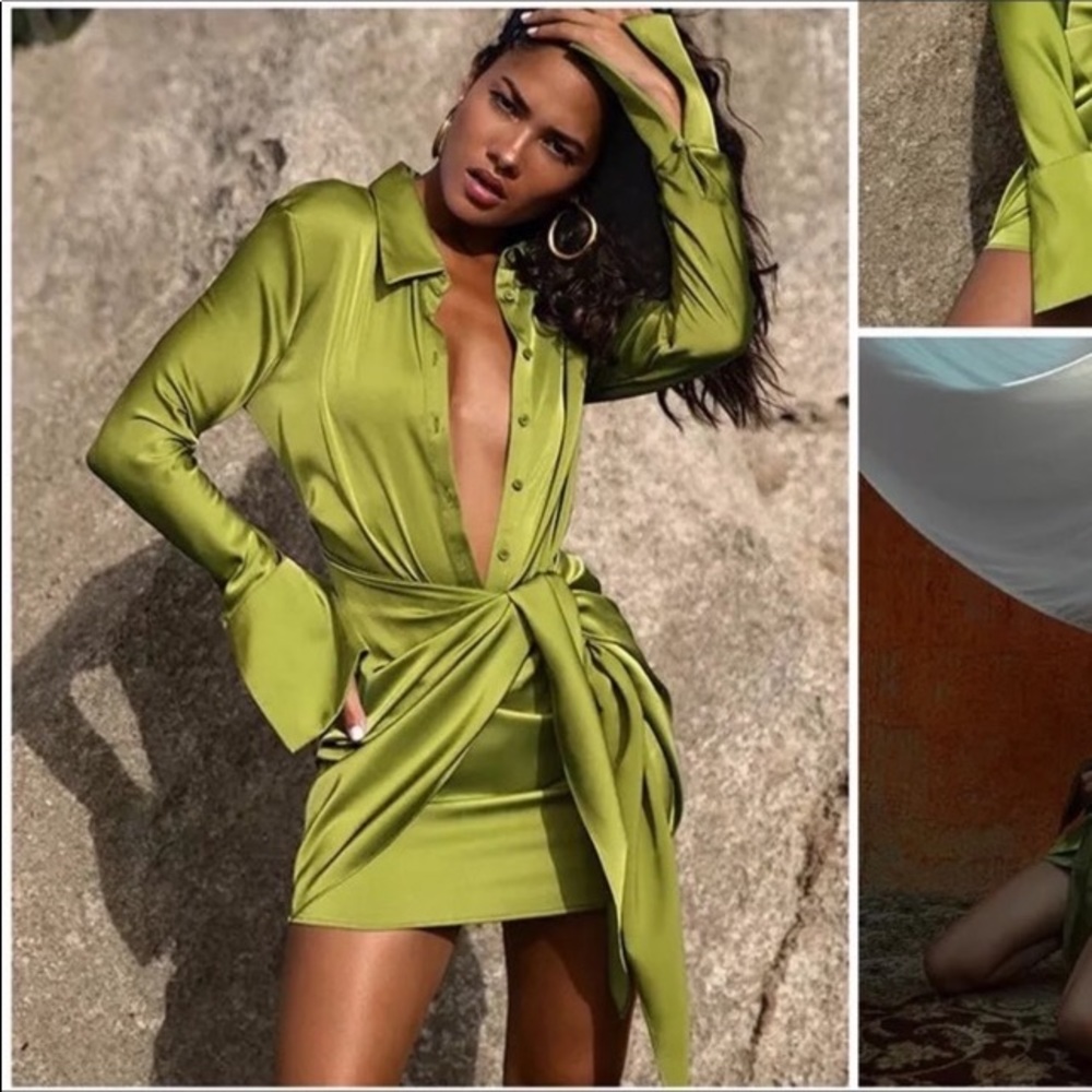 Bali Lime Naha Draped Sexy Mini Shirt Wrap Ruched Mini, Button Down Satin Dress - Picture 2 of 8